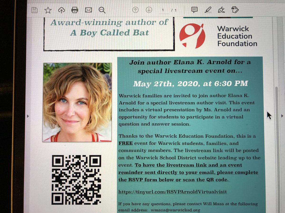 ReenyMorell's tweet photo. Thanks #WEF for helping Elana K Arnold make a special virtual visit @WarwickPR on May 27 at 6:30pm to share #BoyCalledBoy livestream presentation with students. #OneBookOneSchoolOneCommunity  #WSDTechWarriors   @BonfieldBees https://t.co/r7At3TXhHE