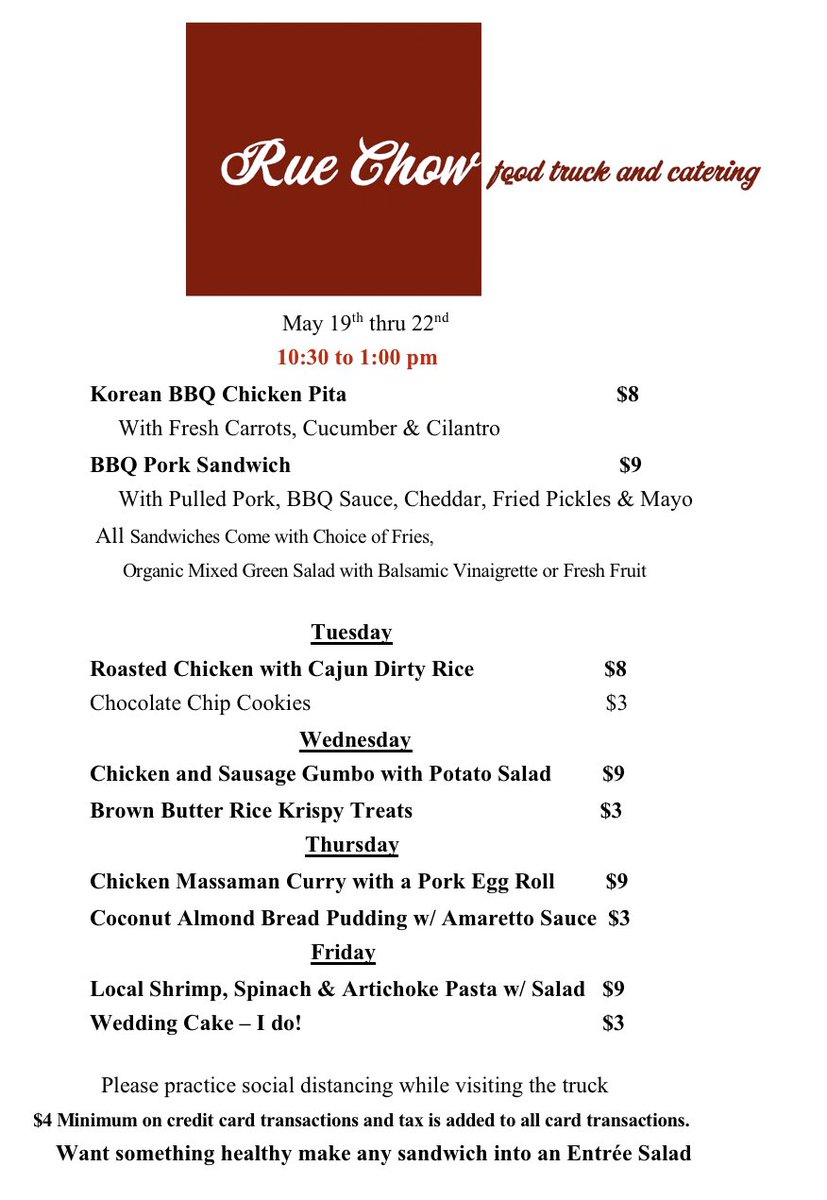 This weeks menu! We look forward to serving y’all Tuesday thru Friday this week!!!!! @NASAExchange <a href="/NAVOCEANO_SSC/">NAVOCEANO</a> <a href="/NASAStennis/">Stennis Space Center</a>
