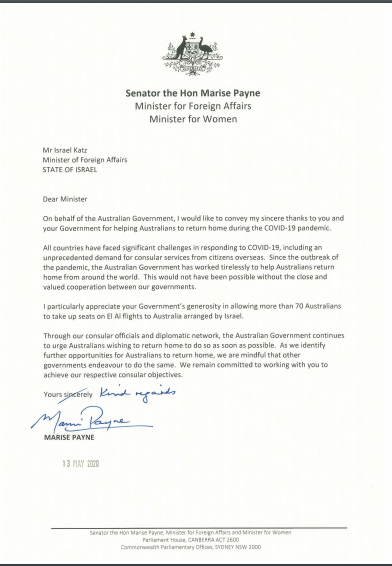 IsraelinOZ's tweet photo. The repatriation flights bringing home both Israeli and Australian citizens were yet another example of the ongoing collaboration between our countries. 

Thank you Foreign Minister @MarisePayne for your warm letter. Your support is always highly appreciated. https://t.co/dbVnRMgQiA