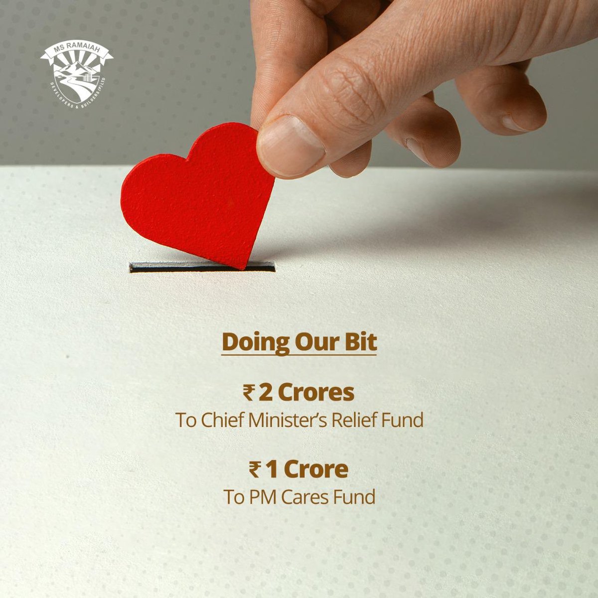 OfficialMSRDB's tweet photo. The MS Ramaiah group is happy to have contributed to the Chief Minster’s Relief Fund and the PM Cares Fund as a token of our gratitude for the welfare of the nation and it's children. Together, let us fight the pandemic as one strong unit. #BeatCOVID19 #IndiaFightsCorona #MSR https://t.co/mody1mWiJ6