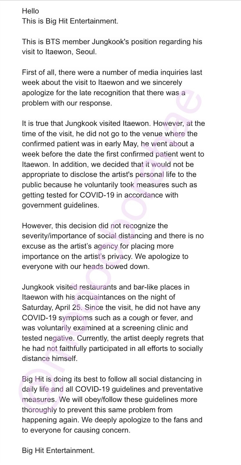 Bora Slow 05 18 Big Hit Entertainment S Official Statement T Co Qme0apjtfn Twitter