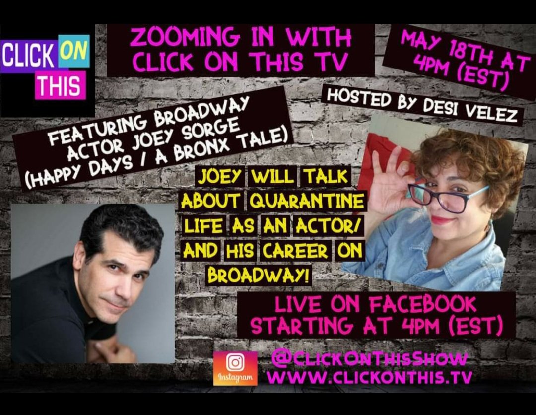 Desireevelez10's tweet photo. Catch me today Monday at 4:00 p.m. Eastern posting the click on this show interviewing my buddy Joey Sorge Broadway star! #host #clickonthisshow #joeysorge #DesireeVelez #broadway https://t.co/Z0zm5wyDFr