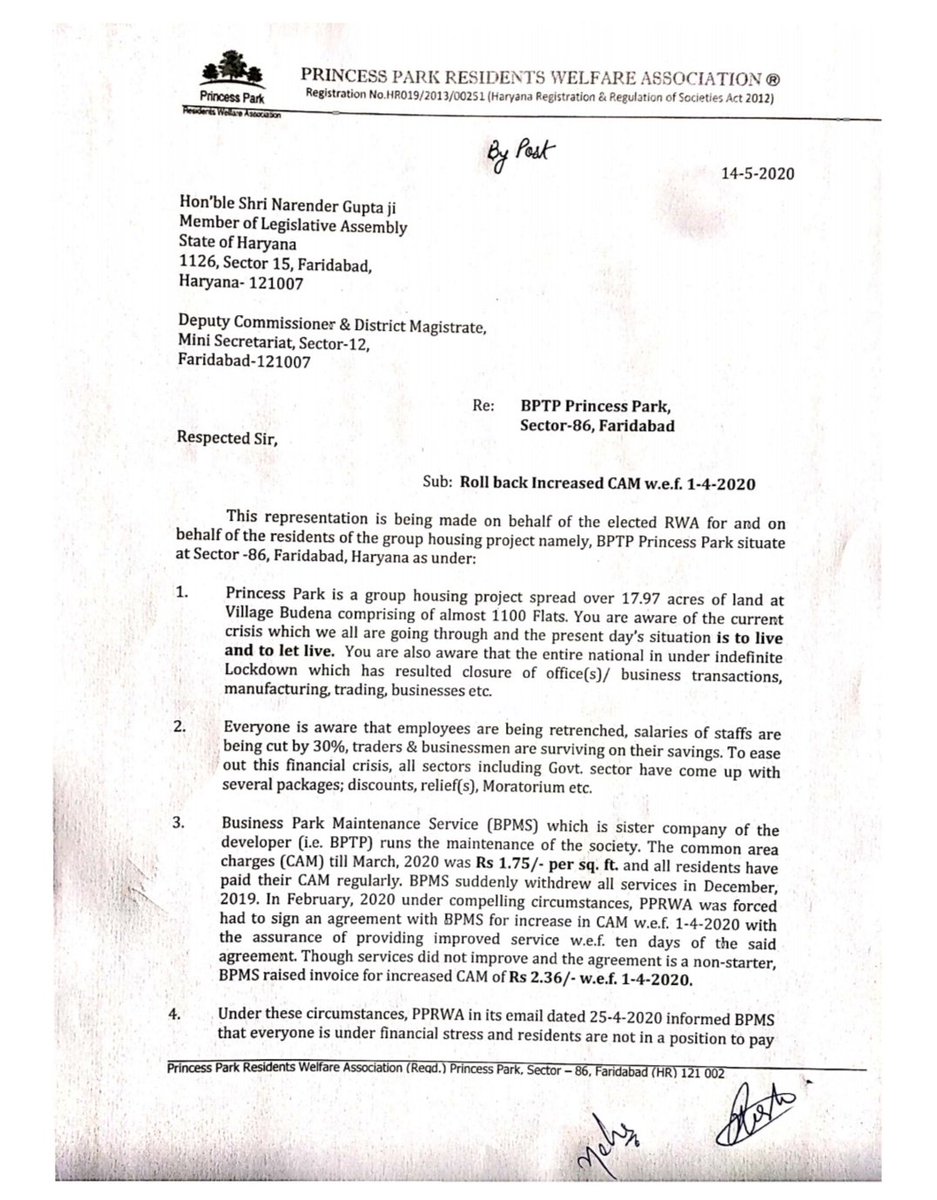 PrincessRwa's tweet photo. Maintenance agency of princess park,sec 86 repeatedly asked to roll back charges hiked from April'20 by residents and RWA, amid prevailing economic situation, they are not agreeing to it. In this regard letter sent to MLA @cmohry @DC_Faridabad @yashpalmurar pls help https://t.co/42VlDmvBVU