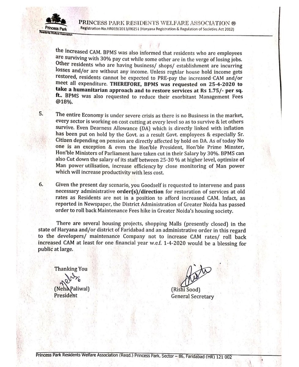 PrincessRwa's tweet photo. Maintenance agency of princess park,sec 86 repeatedly asked to roll back charges hiked from April'20 by residents and RWA, amid prevailing economic situation, they are not agreeing to it. In this regard letter sent to MLA @cmohry @DC_Faridabad @yashpalmurar pls help https://t.co/42VlDmvBVU