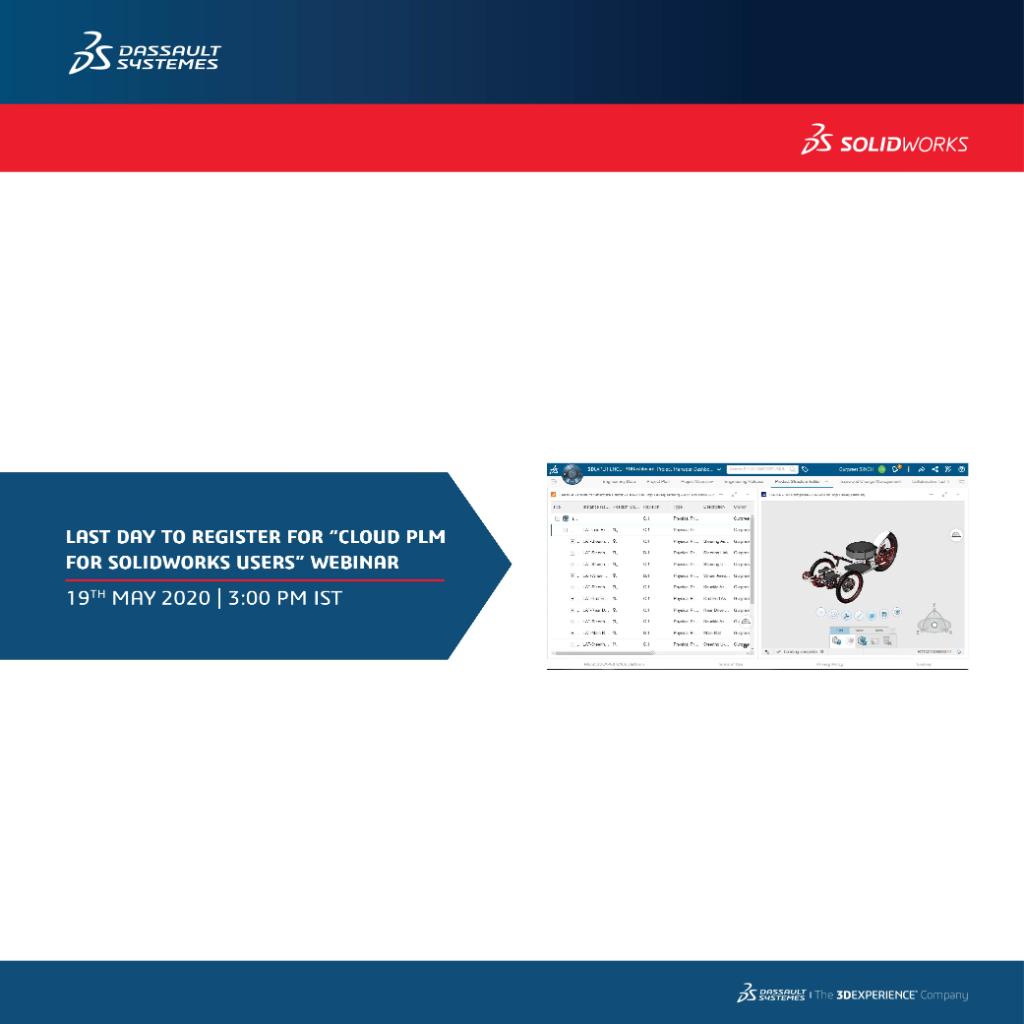 SOLIDWORKSIndia's tweet photo. Don’t miss tomorrow’s (19th May) #SOLIDWORKS #Webinar on Cloud based PLM for SOLIDWORKS Users! Register now https://t.co/srkqMPqxeM to learn how cloud-based technology can help you and your team design faster with fewer errors. #RemoteWork #WorkFromHome #Live #ENOVIAworks https://t.co/jUnG7IgU1G