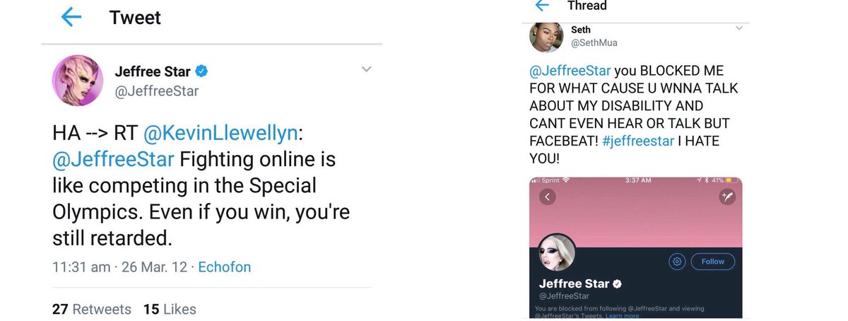 In a resurfaced retweet from 2012, Jeffree mocks people with disabilities. Someone tweeted to him “fighting online is like competing in the Special Olympics. Even if you win, you’re still retarded,” to which he quote tweeted and added “HA -> RT."