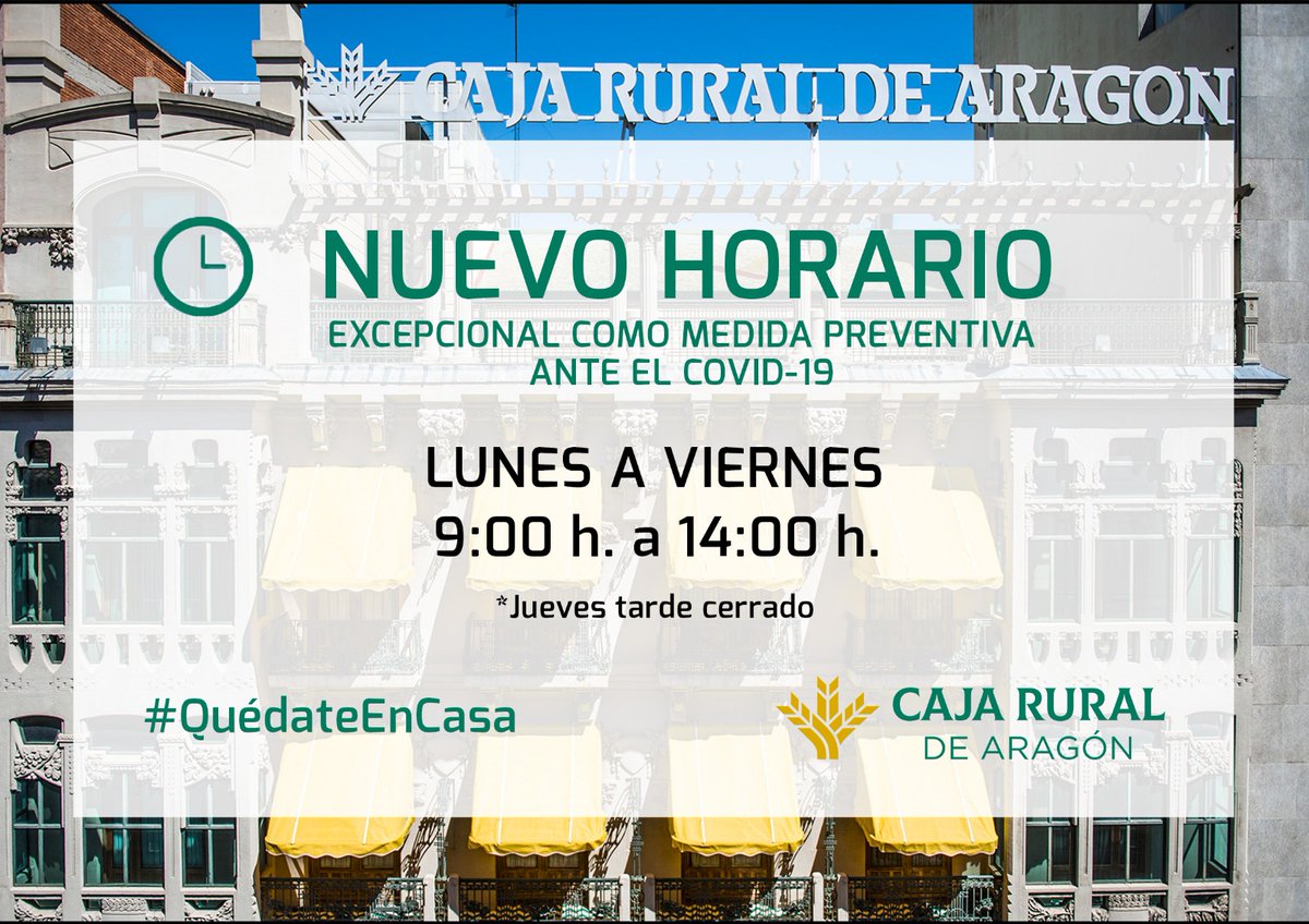 CajaRuralAragon's tweet photo. RECUERDA  | Seguimos en @CajaRuralAragon dando servicio en nuestras oficinas con un horario especial por la incidencia del #COVID-19

En ellas te asesoramos y ayudamos con las medidas que hemos impulsado para paliar los efectos ocasionados por el coronavirus https://t.co/j4RlDzyKlE