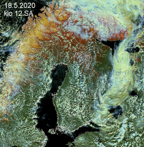 meteorologit's tweet photo. Kumpupilvien ja sadekuurojen aika on täällä! Pilvien muodostumista ja liikkeitä pystytään seuraamaan kätevästi erilaisten satelliittikuvien avulla. Säätutkasta on hyötyä vasta kun jo sataa. Tässä NOAA:n Suomi-NPP sääsatelliitin kuvassa lumi- ja jää erottuu hyvin ruskean sävyillä. https://t.co/e5WkfrDb5C