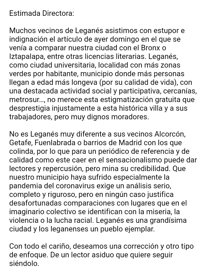 CarlosULEG's tweet photo. Hemos enviado oficialmente esta carta a la Directora de @el_pais a raíz del reportaje publicado ayer donde se equipara a Leganés con el Bronx. Nos gustaría que fuera el alcalde quien defendiera nuestra ciudad, pero para eso está también ULEG como principal partido de la oposición https://t.co/hqolxtTMph