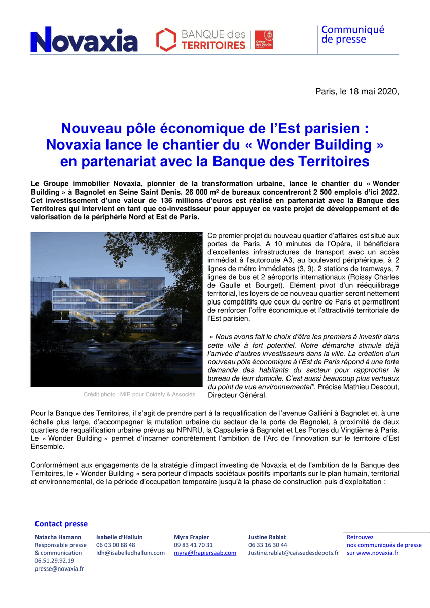 novaxia_paris's tweet photo. [#TransformationUrbaine] Nouveau pôle éco. de l’Est #parisien : #Novaxia lance le chantier du #WonderBuilding à @BagnoletFR en partenariat avec la @BanqueDesTerr 👉 Un projet porteur d’impacts #sociétaux #positifs qui stimule déjà l’arrivée d’autres #investisseurs dans la ville. https://t.co/9BE16NxM4s