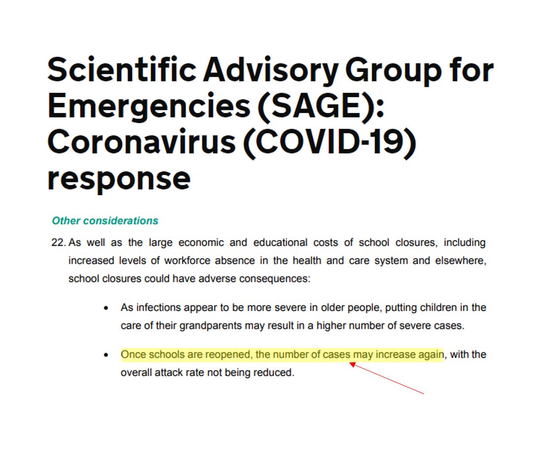 The government's own SAGE committee released their consensus view on what they think will happen when schools are reopened.  https://assets.publishing.service.gov.uk/government/uploads/system/uploads/attachment_data/file/873746/11-spi-m-o-consensus-view-on-the-impact-of-mass-school-closures.pdf