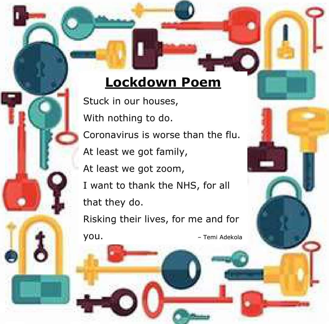My son's P7 class teacher asked them all to write a 'lockdown' poem and he came up with this. I absolutely love it and just had to share. It's short sharp and hit's the mark 😊👍🏽

#he'sgotskills😉