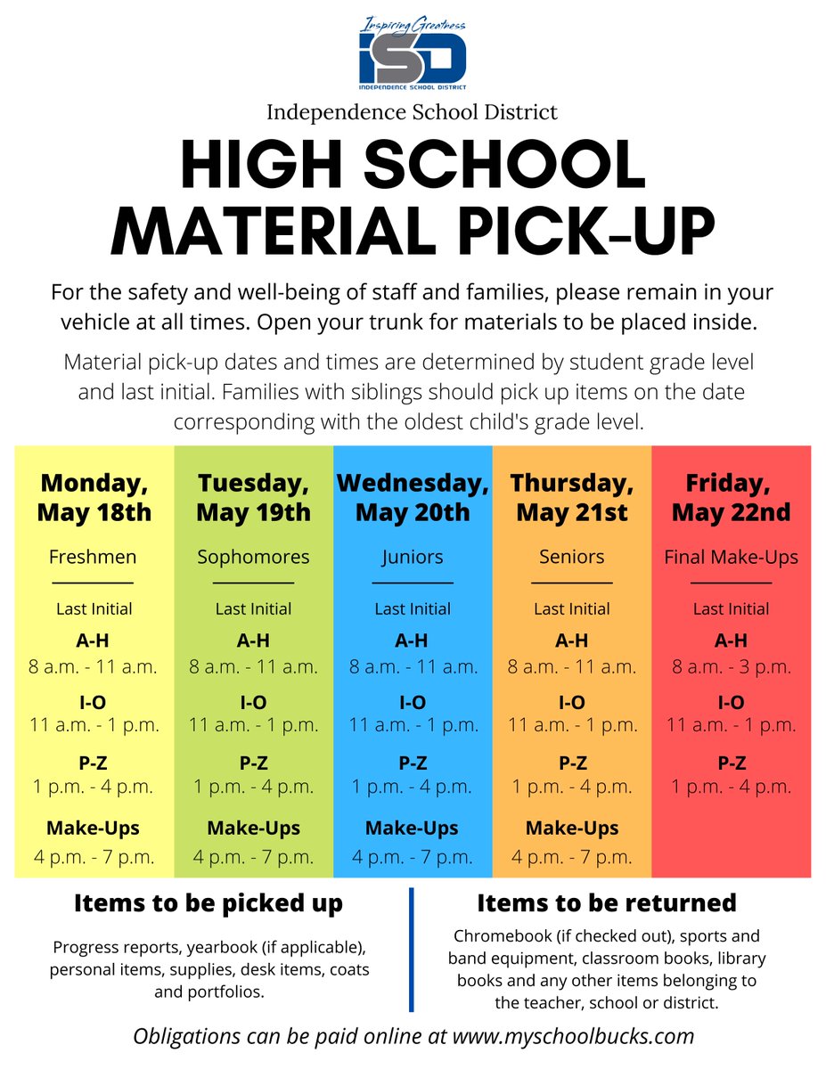We have carefully scheduled student supply drop-off and material pick-up. Please see the elementary, middle school and high school schedules below for May 18-22. #isdstrong