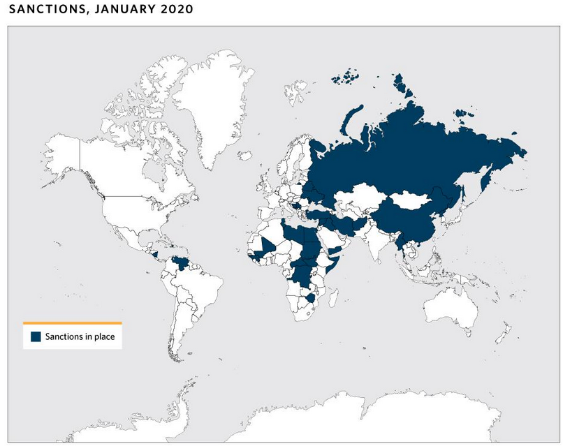 As media say EU is mulling 'sanctions' in response to annexation, worth recalling: Sanctions are standard & broadly used EU foreign pol tool. EU has sanctions in 30+ countries, on some 1200 persons & 500 entities. EU sanctions list is some 140p long. Map by  @Carnegie_Europe: