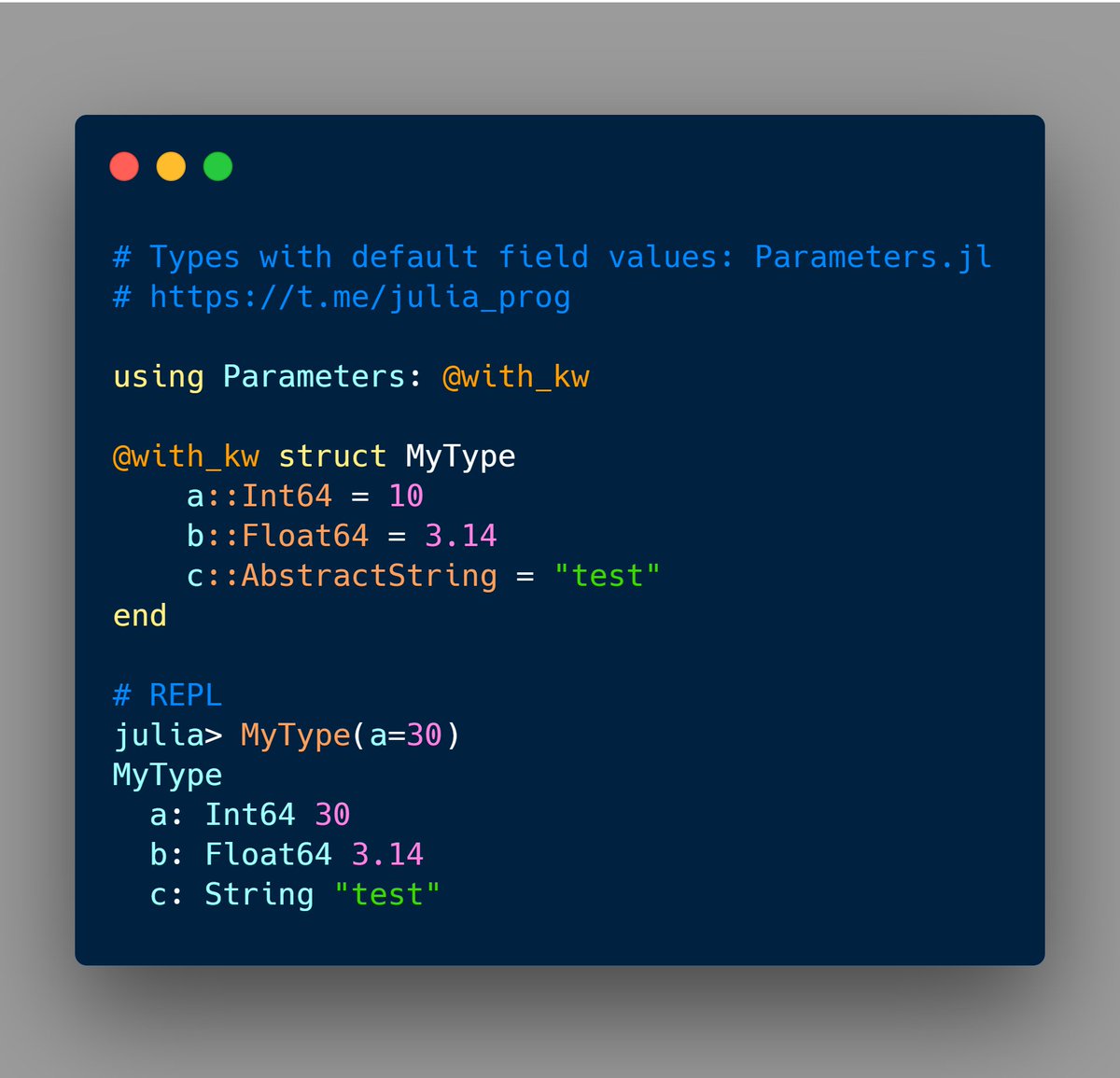 Types with default field values: Parameters.jl

#JuliaLang #Julia #Programming #Parameters.jl #struct