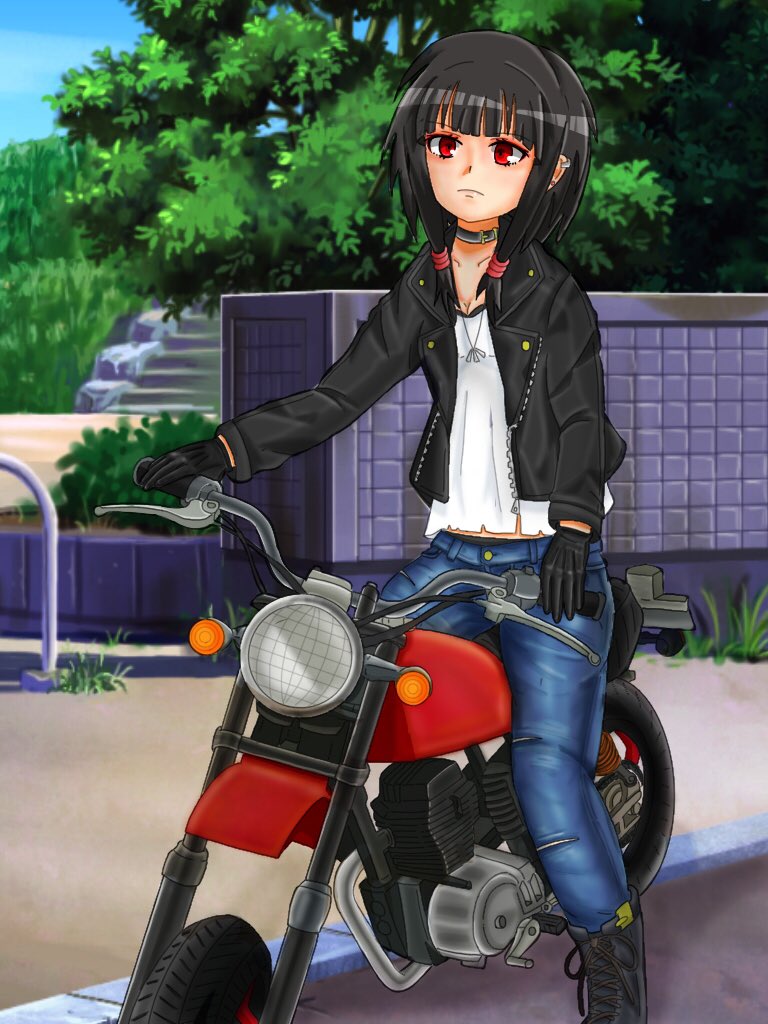 ひじゆう オリキャライラスト描けた バイクはエイプを描きました 背景はフリー素材です 絵描きさんと繋がりたい バイク乗りと繋がりたい オリキャラ イラスト