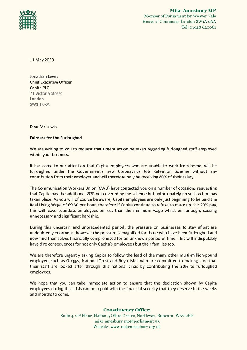NWCWU's tweet photo. NW MPs have written to @CapitaPlc supporting #TheCWU NW campaign that calls on Capita to pay furloughed employees the additional 20% of their wages. The company made 270 million last year and the CEO  was paid over 2 million #TopUp20Capita @CWUnews https://t.co/WsnRS04dRv