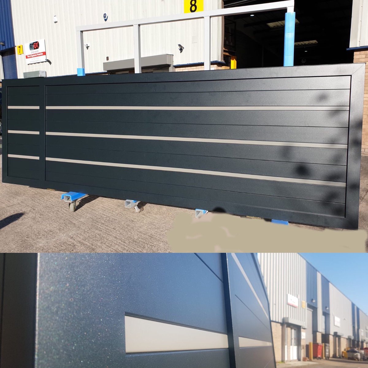 AligatesU's tweet photo. Ready for shipping is this stunning ground track slider in Structura finish . The colours are Noir2200 metallic black 150mm planks. Set with contrasting 38mm planks in RAL9007.   EMAIL US TO ADD THESE STUNNING GATES TO YOUR PORTFOLIO. sales@Aligates.co.uk https://t.co/m3N75oOMEL