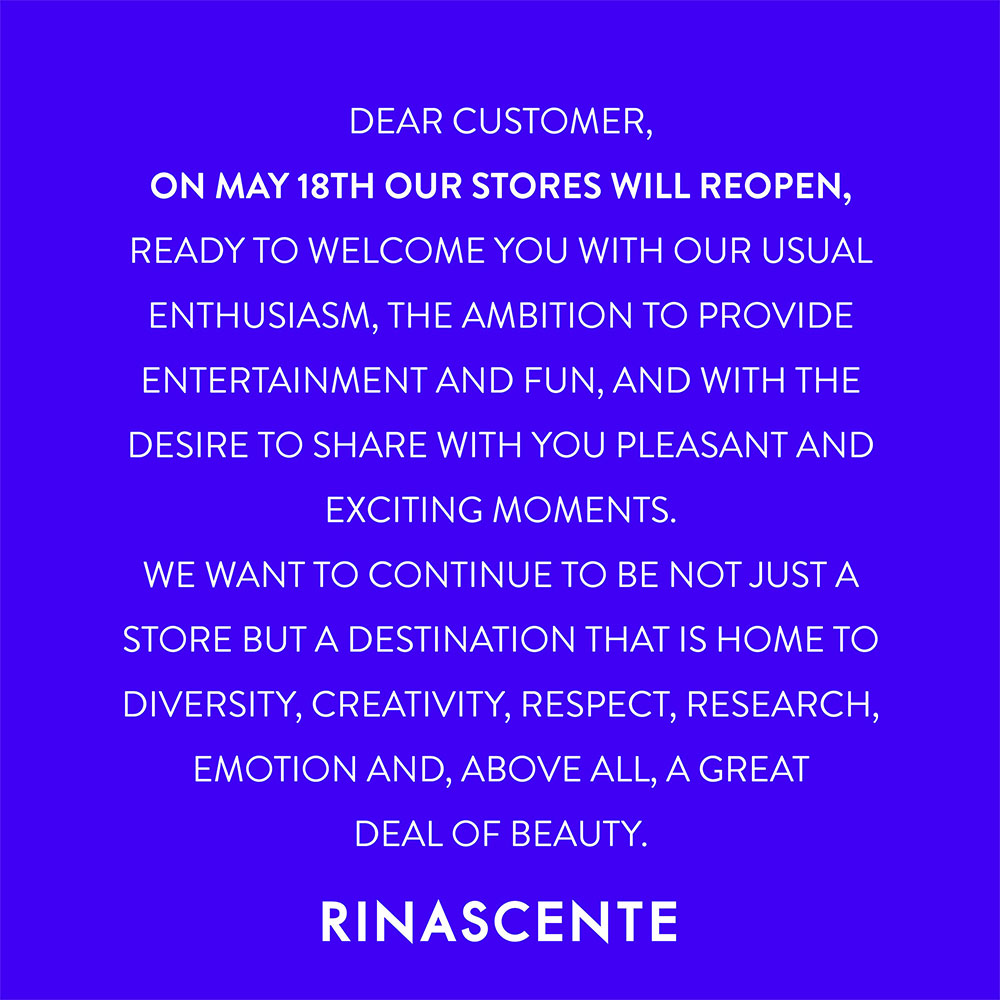 Rinascente's tweet image. Even though we were gone, we never really left. Our hearts have always been with you. We are waiting for you at Rinascente, don’t miss it! 
#letsstartagain