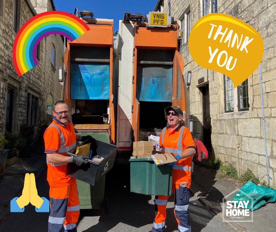 MurraysEstAgent's tweet photo. A huge shout out to #keyworkers #NHSheroes #teachers #carers #publictransport #farmers #emergency services, retail staff #royalmail #refusecollectors. Big smiles all round in Painswick from the 😃 #StroudDC team working tirelessly to collect our rubbish & recycling. THANK YOU https://t.co/CAKvqdl2Kr