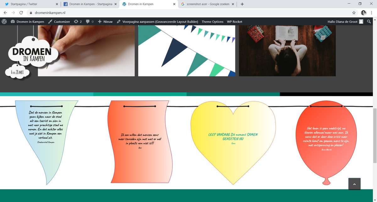 Wat gaaf dat de verlanglijn op de website steeds groter wordt!

Maak jij ook je eigen vlag met je droom, wens of gedachte (persoonlijk en/of die voor Kampen)? Dan hangen wij ‘m op aan de digitale dromenslinger op de website dromeninkampen.nl