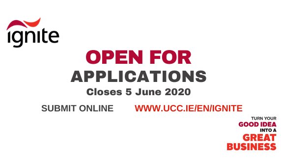 IGNITE is NOW open for applications for the next programme commencing early Autumn. We are looking for recent graduates with #businessideas and interested in starting a business. Closing date is 5 June 2020 - visit: ucc.ie/en/ignite/appl… Please RT #ignitestartups