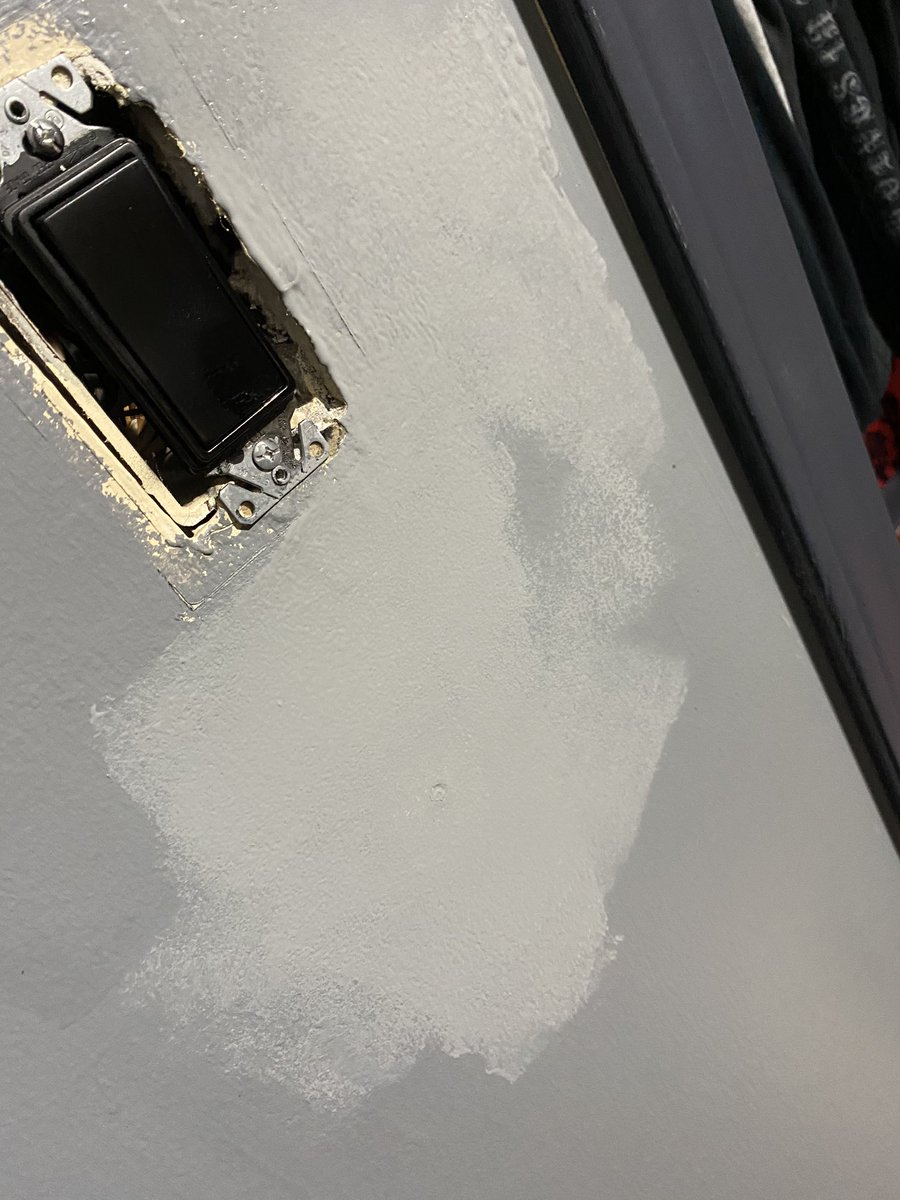 Lol so, since a mysterious figure appeared in the wall patch. I’m once again sanding and repainting. Also the drop stood out. Used steel wool, seems mostly smooth. Better than it was and idiot free