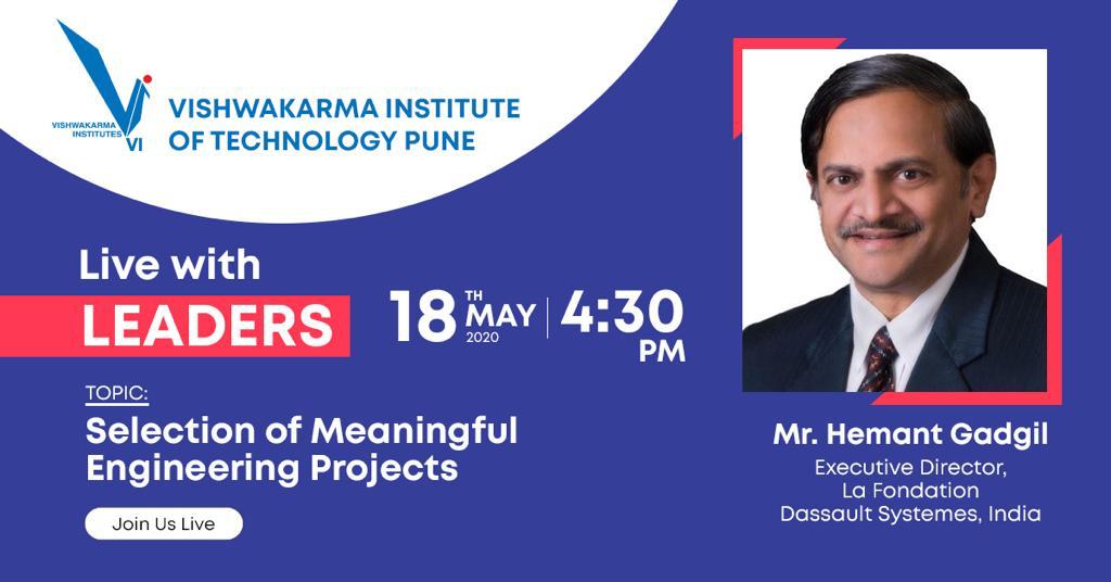 vit_college's tweet photo. Vishwakarma Institute of Technology Pune Welcomes you to a Webinar on Selection of Meaningful Engineering Projects by Mr. Hemant Gadgil, Executive Director, La Fondation Dassault Systemes, India

Join us on Monday, 18th May 2020 at 4.30 pm

Register now: https://t.co/WZNjdJsJ7T https://t.co/4G8EEbs2TF
