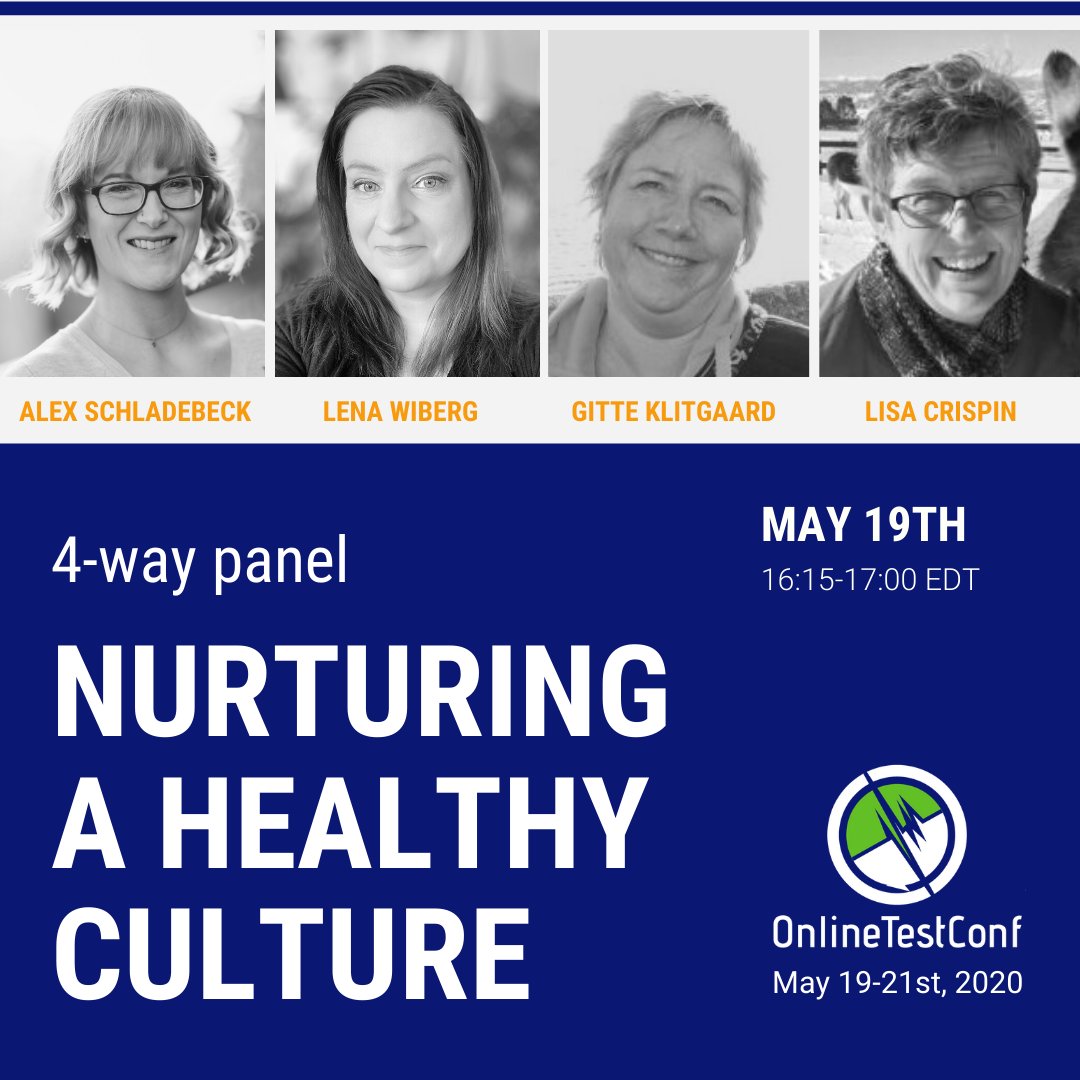 An exciting 4-way expert panel about "Nurturing a healthy culture" awaits you tomorrow at Spring #OnlineTestConf with @lisacrispin <a href="/alex_schl/">Alex Schladebeck (she/her)</a> <a href="/NativeWired/">Gitte Klitgaard - out of here - find me on bluesky</a> <a href="/lenaPejgan/">yes</a> It's not too late to save your seat here: bit.ly/2PM9Yo9