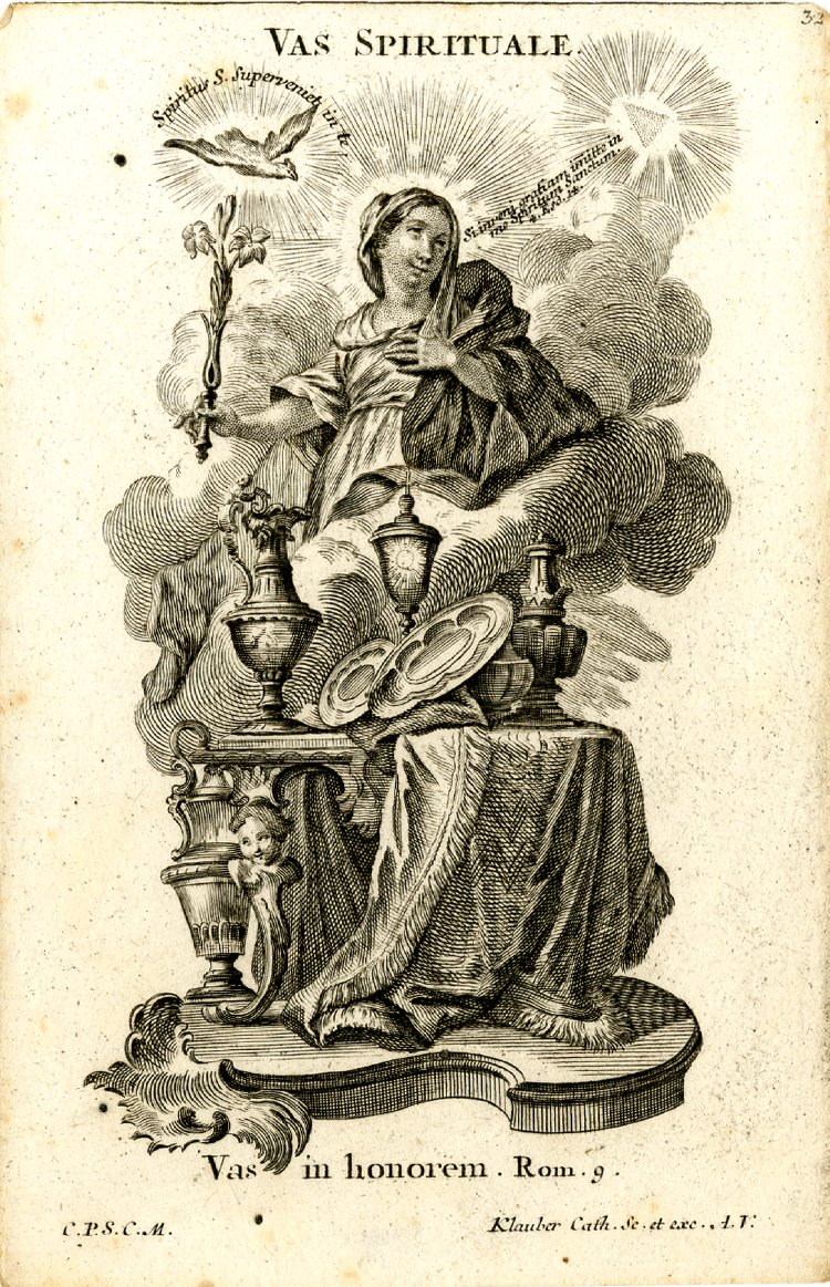 Vas spirituale, ora pro nobis.Spiritual vessel, pray for us.The Latin inscription reads:Vas in honorem“a vessel for a noble purpose” (Romans 9:21).