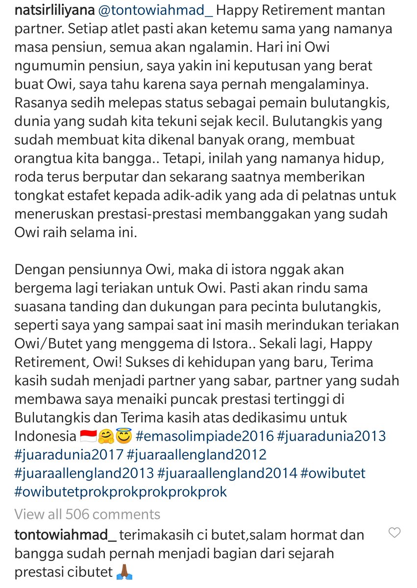 BadmintonTalk's tweet photo. 3 All England titles
2 World Championships gold medals
1 Olympics gold medal

1 golden pair: Tontowi Ahmad/Liliyana Natsir has retired.

#TerimaKasihOwi https://t.co/W1kvkqhs9e