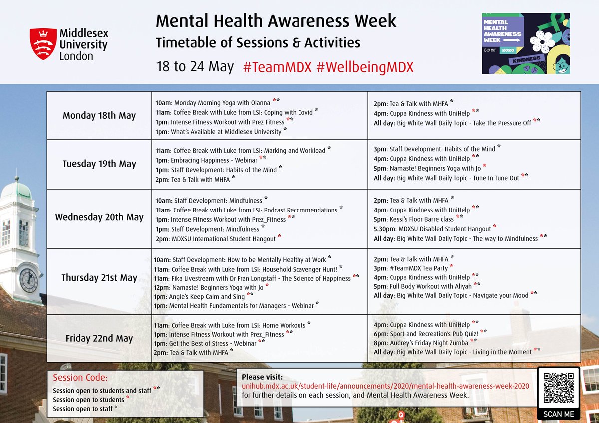 It's #MentalHealthAwarenessWeek this week! We have loads of activities for students and staff available Monday to Friday.

Check our #TeamMDX calendar below, and please visit UniHub for further information on each event:
unihub.mdx.ac.uk/student-life/a…

#WellbeingMDX