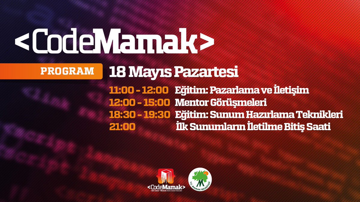<𝐂𝐨𝐝𝐞𝐌𝐚𝐦𝐚𝐤> Devam Ediyor!

📌 Eğitim: Pazarlama ve İletişim

📌 Mentor Görüşmeleri

📌 Eğitim: Sunum Hazırlama Teknikleri

📌 İlk Sunumların İletilme Bitiş Saati 

#CodeMamak