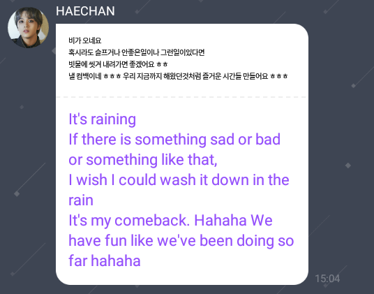 dongpudu's tweet photo. haechan..sama, di sini juga hujan. semoga kesedihan atau sesuatu yang buruk itu lekas hilang ya. semangat untuk comebacknya. jangan sakit, semoga selalu bahagia. i love u so much. 💜 #해찬이와시즈니 #ToYouHaechan #HAECHAN https://t.co/mwU9mel4Ai
