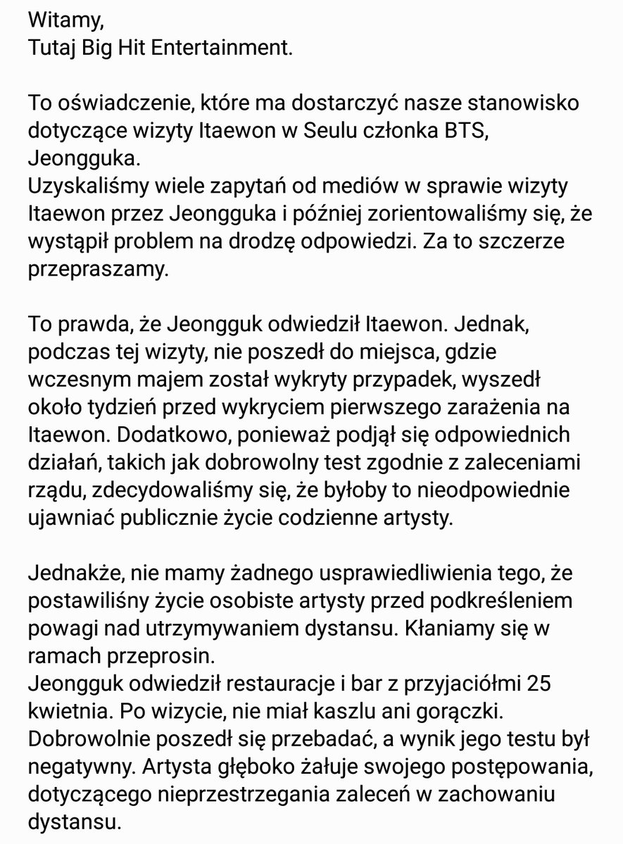 BTSPolishARMY's tweet photo. Oficjalne oświadczenie Big Hitu w sprawie odwiedzin Itaewon przez Jeongguka: https://t.co/n6oSd5Sh6U