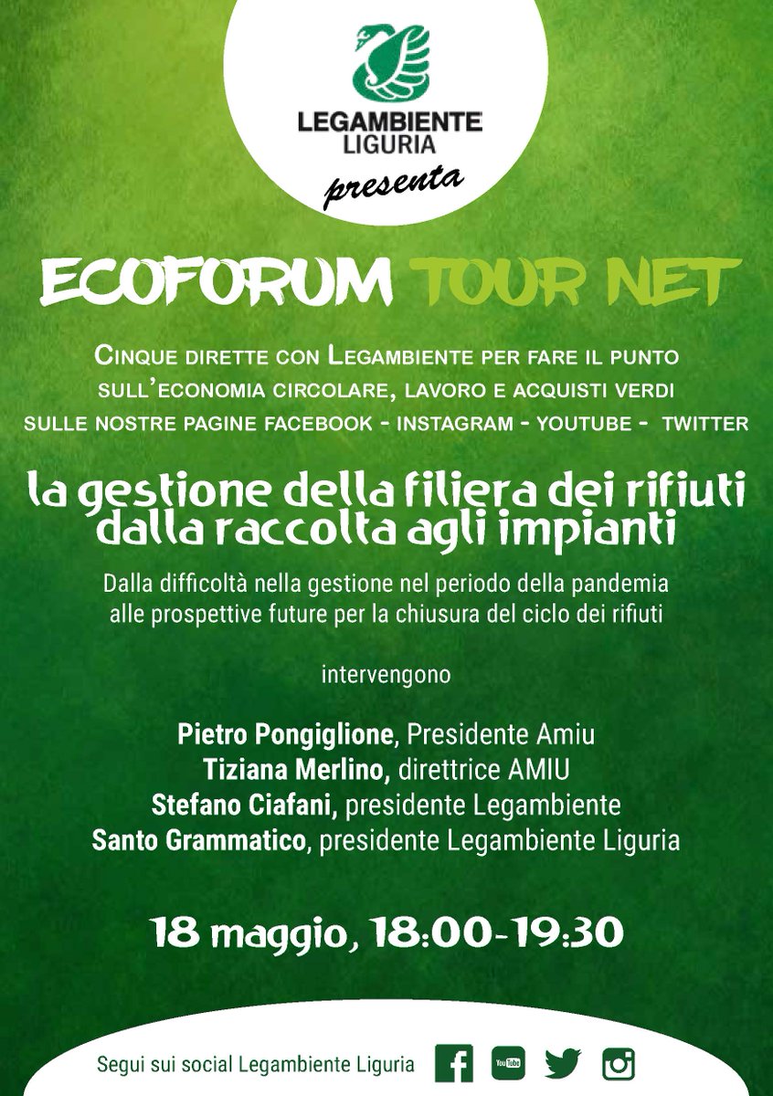 #AMIUINFORMA
“La gestione della filiera dei rifiuti, dalla raccolta agli impianti”.
Stasera alle ore 18, intervengono <a href="/pongiglione/">Pietro Pongiglione</a> e <a href="/TizianaMerlino1/">Tiziana Merlino</a> sulla pagina facebook di <a href="/LegambienteLig/">Legambiente Liguria</a> 
facebook.com/legambientelig…
