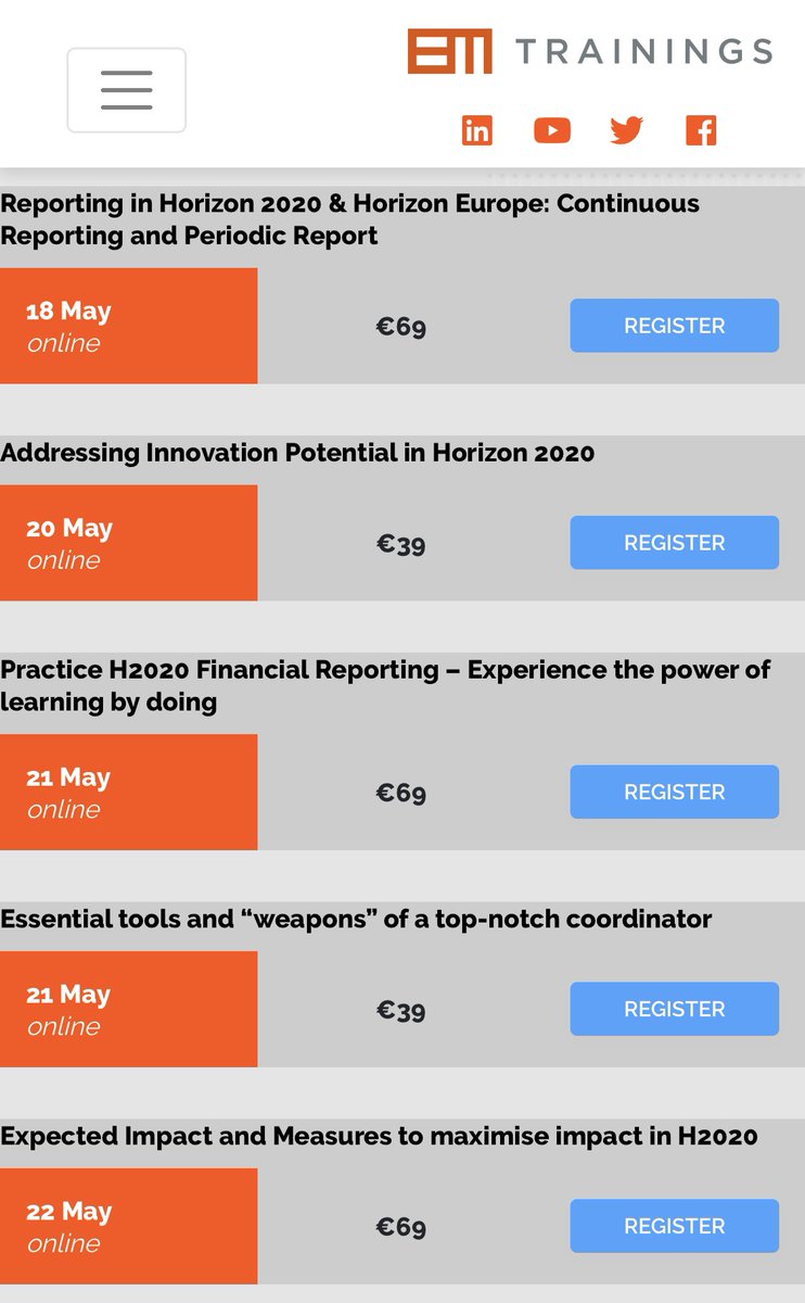 Our line-up for 18-22 May. Join me, @jellenaic, <a href="/gabocsek/">Gabriella Lovasz</a>, <a href="/Krisztina_VT/">Krisztina Toth</a>, <a href="/FrosinaIlievska/">Frosina Ilievska</a> or <a href="/KitleyGabor/">Gabor Kitley</a> at one (or more!) of our live webinars on the #H2020 project lifecycle this week: europamediatrainings.com/training-cours…