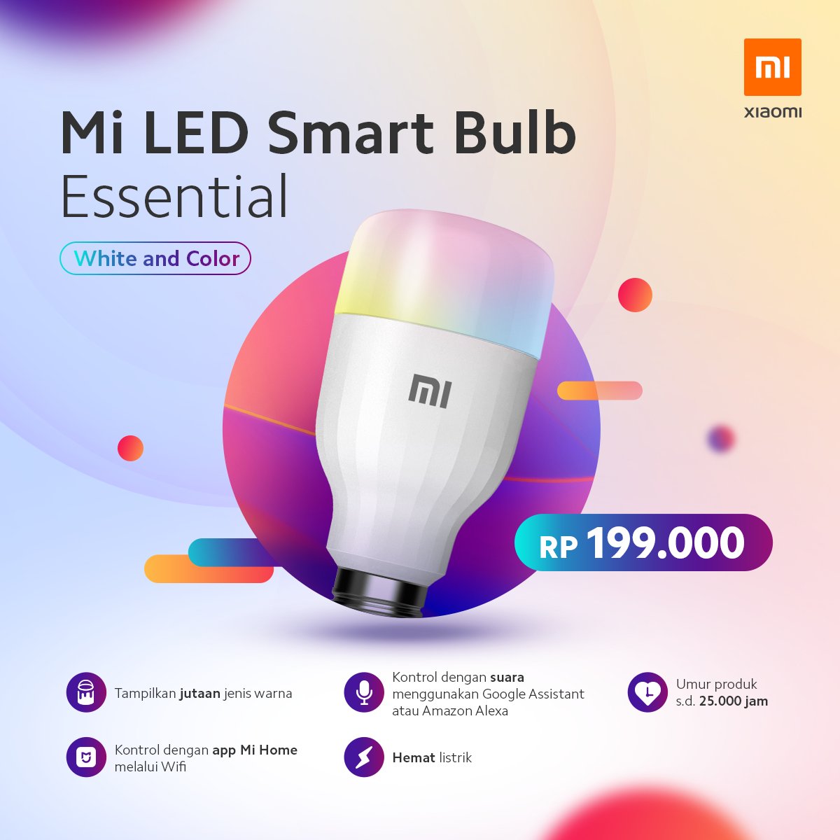 XiaomiIndonesia's tweet photo. Mi LED Smart Bulb Essential (White and Color). 

🌈Jutaan warna
☀️Kecerahan s.d. 950 lm
💡Temperatur warna 1700k s.d. 6500k
📱 Mi Home app
📢 Google Assistant, Amazon Alexa
📅 20 Mei 2020
🛒 https://t.co/frQZE0gwi2, Lazada, Shopee, https://t.co/YFMexjKqOX, Tokopedia dan Blibli https://t.co/m5JpCVX9ki
