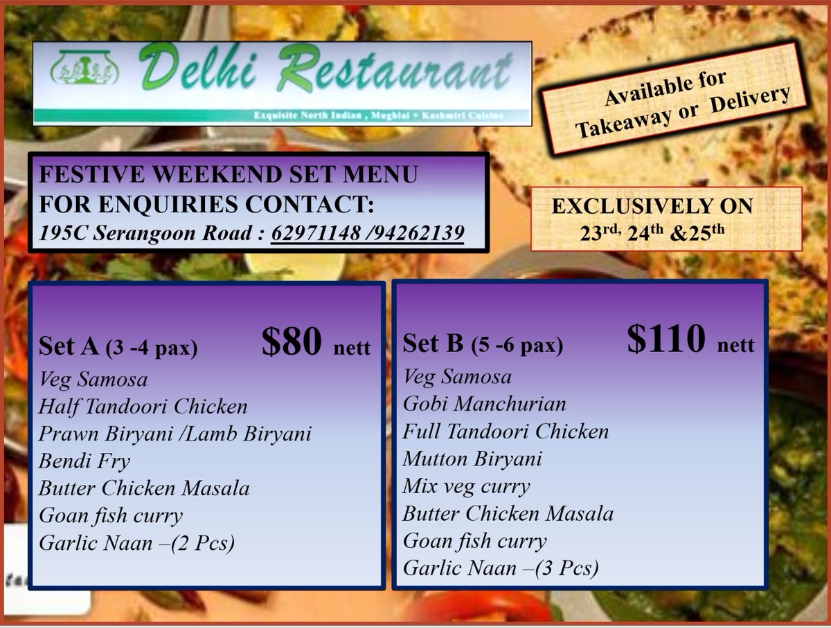 delhisg's tweet photo. #delhirestaurantsg #festiveweekendset #restaurant #takeaway #delivery #homedelivery #eating
#halftandoorichicken #bendifry #prawnbiryani https://t.co/rP2pbjzEkb