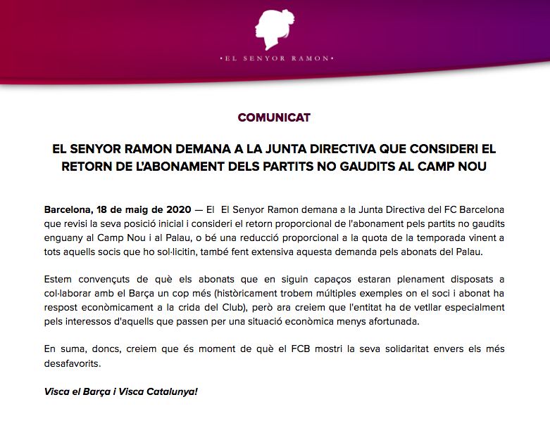 elsenyoramon's tweet photo. 📝🔉Comunicat: @elsenyoramon demana a la junta directiva que consideri el retorn de l'abonament dels partits no gaudits al Camp Nou. 

@FCBarcelona #thinktankfcb #elsenyoramon #barça https://t.co/JOXPjF4iDG