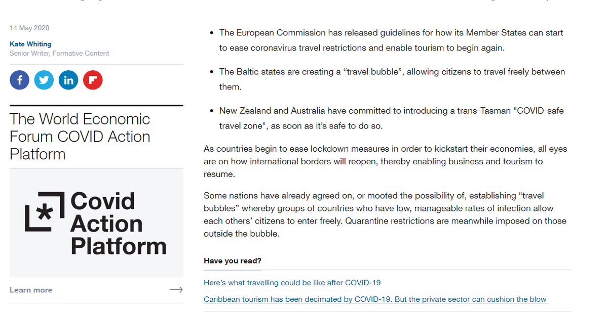 #PostLockdown #Tourism #TravelTomorrow

@EU_Commission releases guidelines for how to ease coronavirus travel restrictions, enable tourism to #ReStart.

Baltic creating a 'travel bubble', allowing ppl to travel freely between them.

NZ Aust to introduce #COVIDsafe #TravelZone
...
