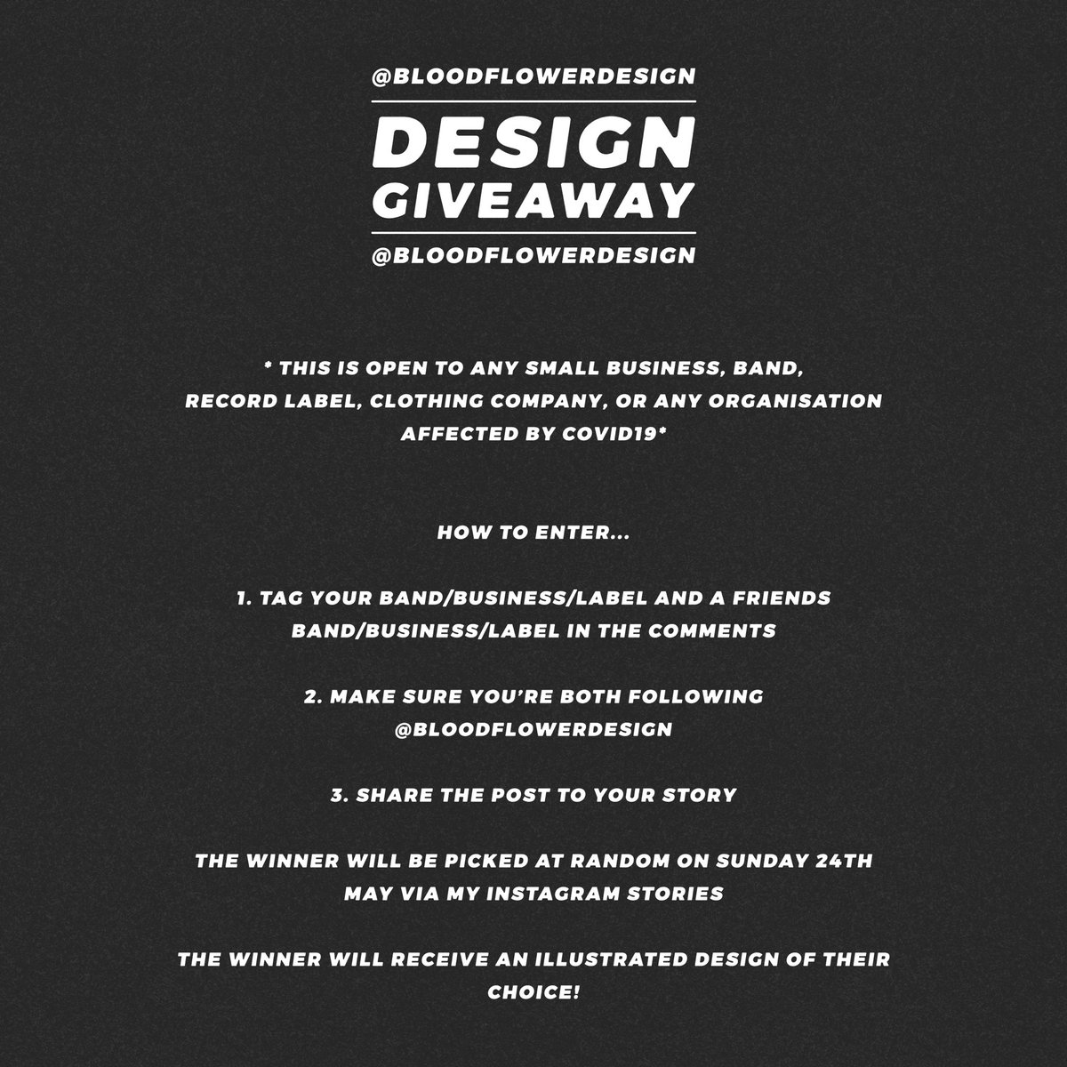 Hey mates. I’m giving away a design to any band, label, charity, small business affected by COVID19. Hopefully it’ll help someone create some cool Merch they can make a bit of $$ off.

See below how to enter ⤵️ Give this a share if you have followers that might benefit from this!