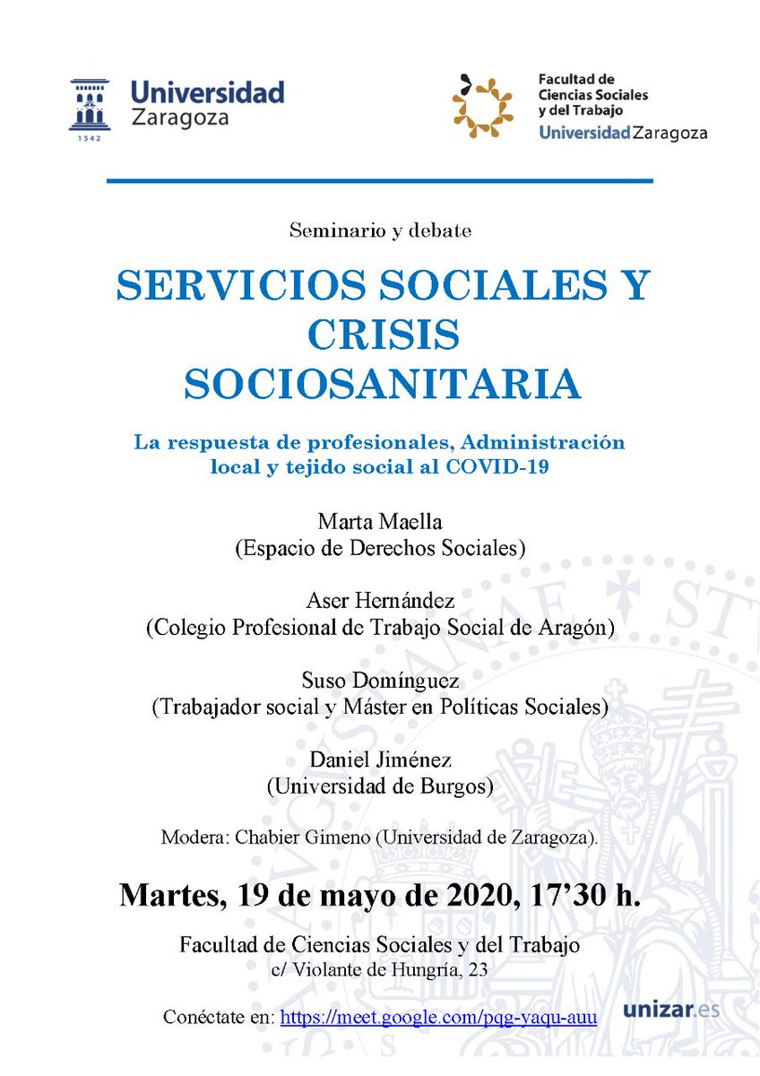 GAFOLITO's tweet photo. [Seminario y debate] 
🗣️Servicios sociales y crisis sociosanitaria 
▪️Martes 19 mayo 2020
▪️17.30h
https://t.co/WHGhmyYVwp
@susodomin @AserHernandez @lamaelli @unizar @CPTSAragon https://t.co/MhA9Q1SFED