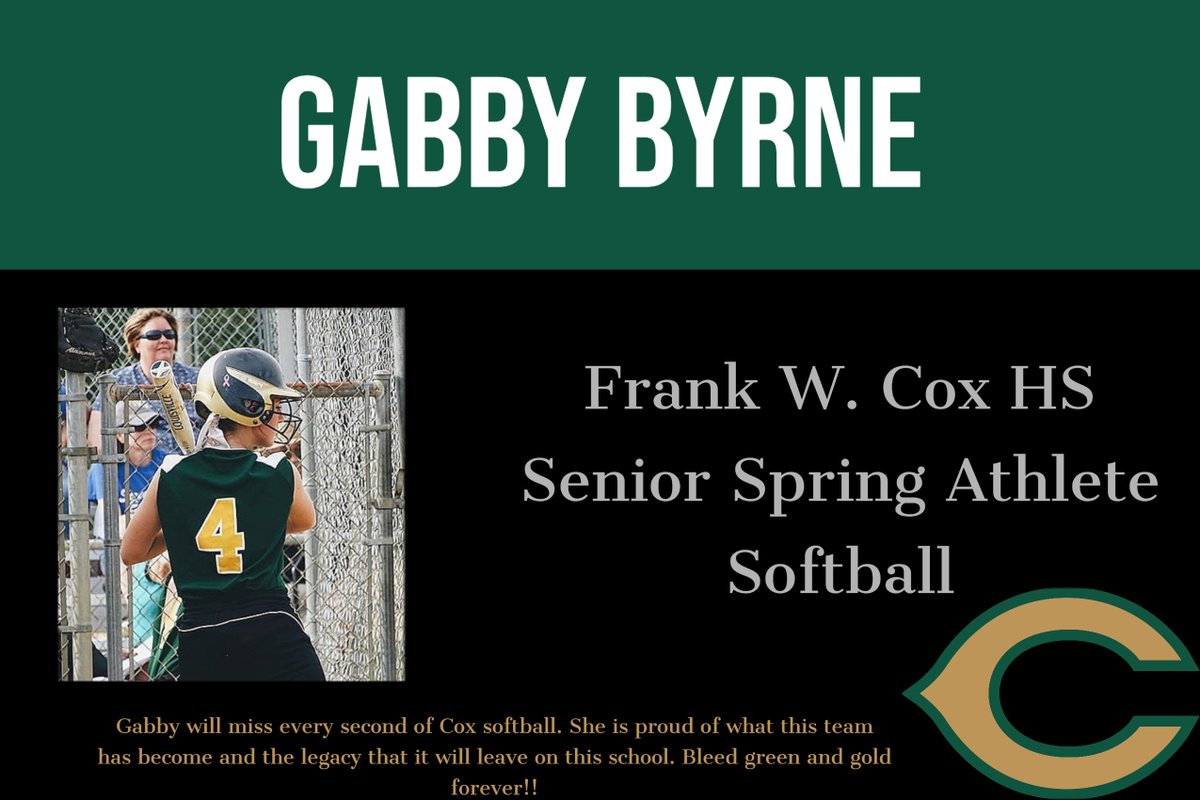 Frank W. Cox HS (@frankwcoxhs) on Twitter photo Happy Monday Falcons! We are starting this week featuring <a href="/coxclass2020/">Cox Class Of 2020</a> student-athlete Gabby Byrne. In the fall, Gabby will head to ODU to study Engineering. #FalconAwesome #ClassOf2020 Happy Monday Falcons! We are starting this week featuring <a href="/coxclass2020/">Cox Class Of 2020</a> student-athlete Gabby Byrne. In the fall, Gabby will head to ODU to study Engineering. #FalconAwesome #ClassOf2020