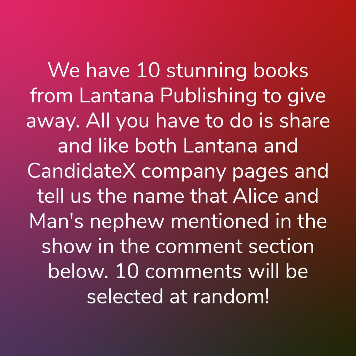 wearecandidatex's tweet photo. @lantanapub Check out this giveaway and enter now for your chance to get your hands on a free book from Lantana Publishing! #Lantanapub #giveaways #book #books #Candidatex #Giveaway https://t.co/LOXHYrqj81