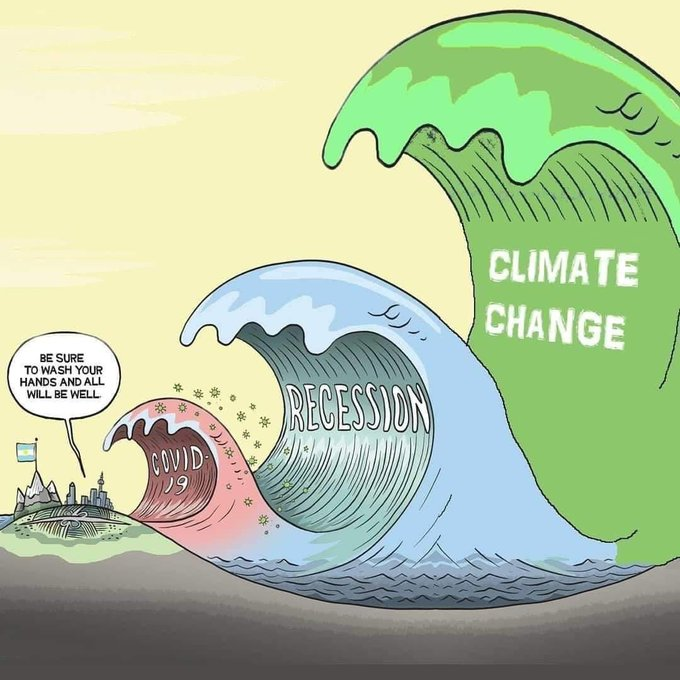 Powerful visuals can sometimes tell a story more effectively than words #FlattenTheCurve 📍#COVID19 📍#Recession 📍#ClimateChange Credits -> Original by @mackaycartoons (without green wave) -> Edited cartoon by ?? via @helgavanleur & @antoniojcastro #scicomm #RRI