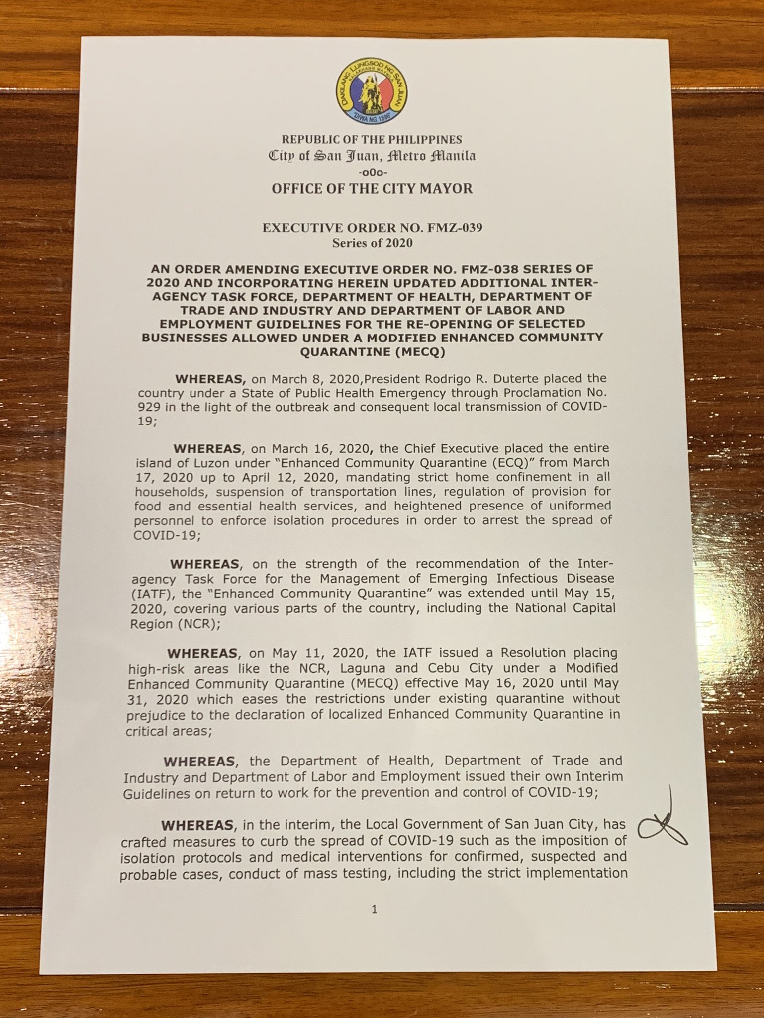 Mayor francis zamora on twitter executive order no 39 series of