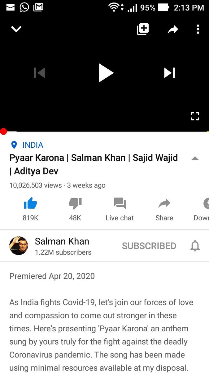 in_positivity's tweet photo. #SalmanKhan starer as well singer #corona awareness video crossed 10M views magnificent mark.On this day once again play #pyarkarona all #salmaniacs.... https://t.co/fROCK5oL8n