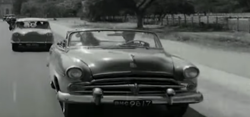 Ramakrishna offering lift to Prabhakar Reddy in a 1954 Dodge Kingsway Convertible; Vijaya Lalitha picked up from the airport in the same car.CID VIjaya (Tamil) 1971. Unusual movie. Telugu caste, yet a Tamil movie with poor lip sync. A typical low budget James Bond clone movie.