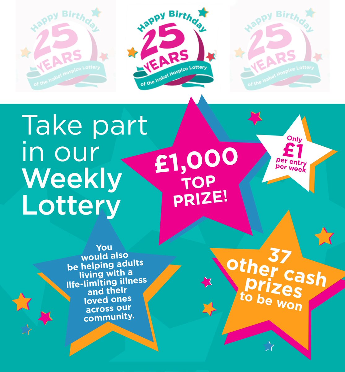 IsabelHospice's tweet photo. It’s the 25th anniversary of the Isabel Hospice Weekly Lottery!
Sign up to our special 25th Birthday membership – where for just £1 a week, you can get 25 chances to win – over the next 25 weeks!

Sign up now: https://t.co/d8oIzJHSVu https://t.co/0bHccO7cgF